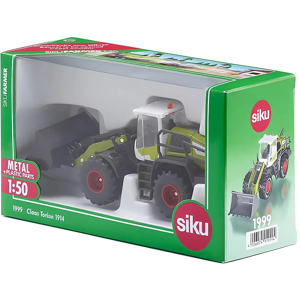 Siku Claas Torion 1914 Radlader-Modell 1:50 in grün-weißer Verpackung mit Schaufel.