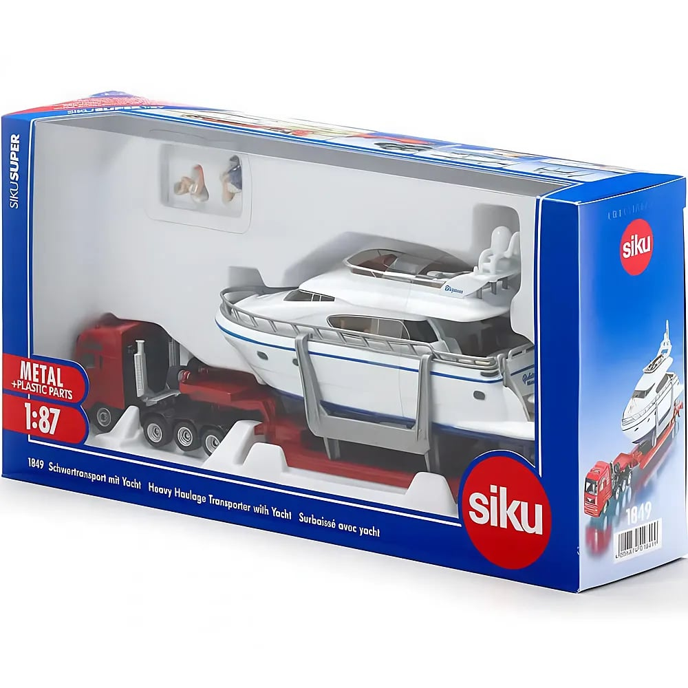 Ein Siku-Spielzeugset in einer blauen Box mit einem roten Lkw und einer Yacht auf einem Anhänger.