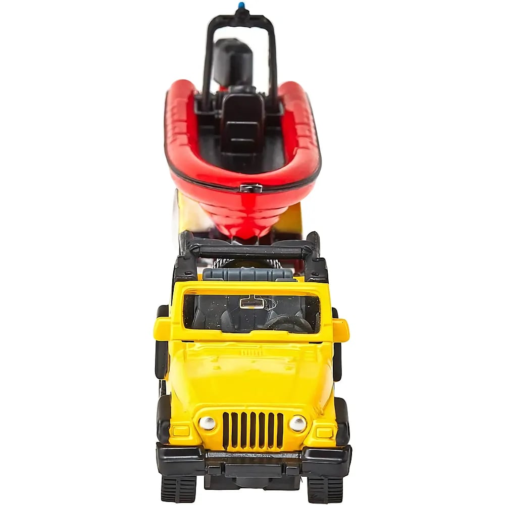 Ein gelbes Spielzeug-Jeep mit einem roten Rettungsschlauchboot auf weißem Hintergrund.