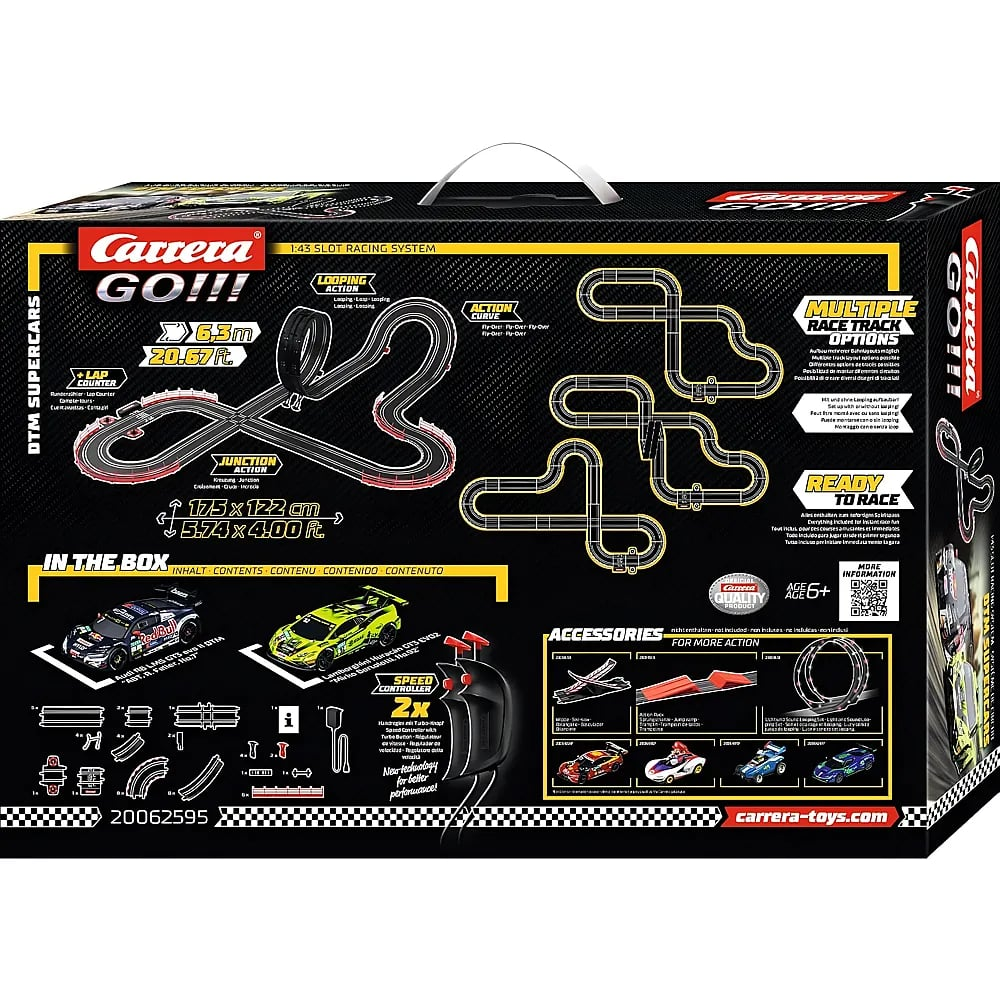 Die Carrera GO!!! DTM Supercars Rennbahnschachtel zeigt Layouts,zwei Autos,Controller und Zubehör auf schwarzem Grund.