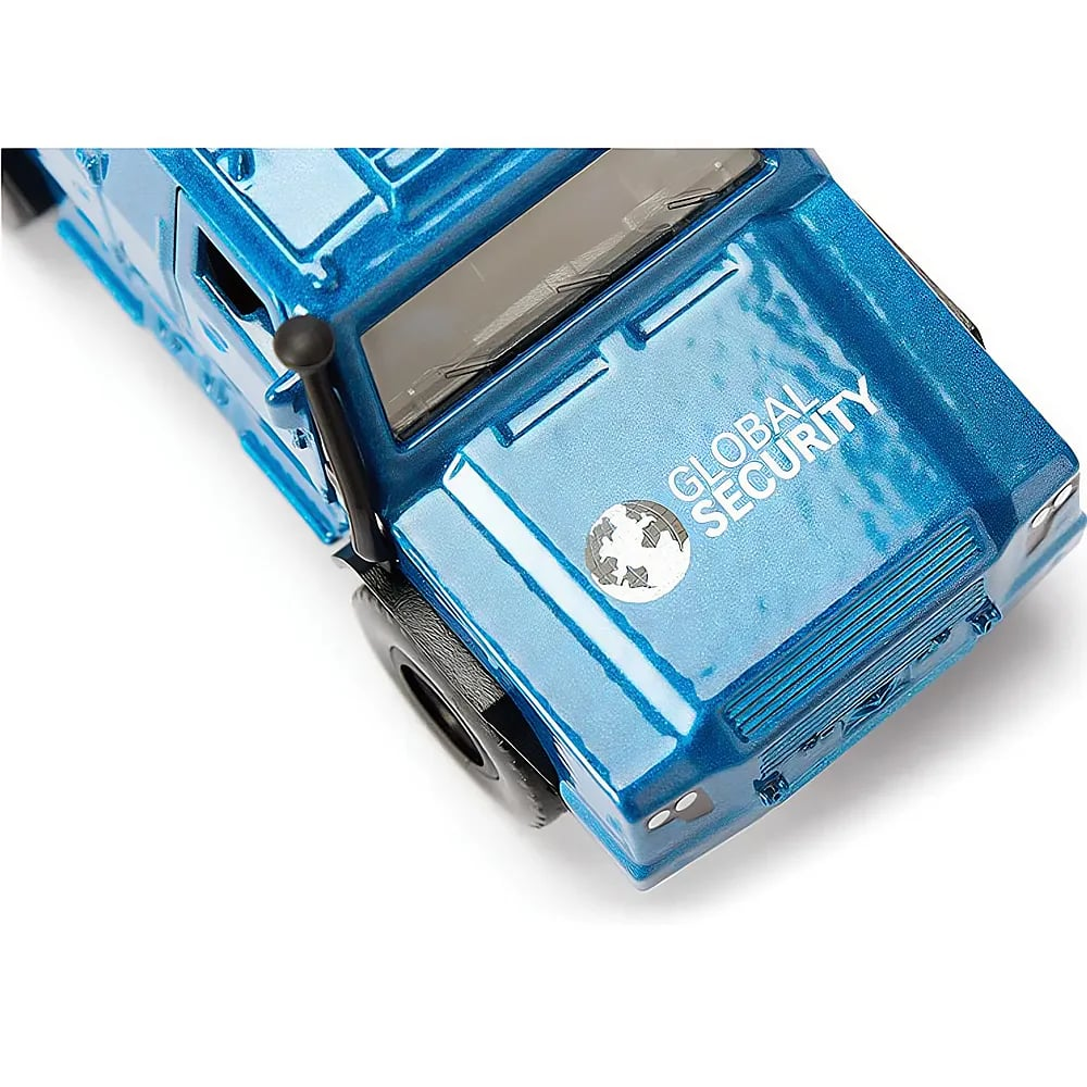 Glänzender blauer Spielzeug-Sicherheits-Lkw mit der Aufschrift „Global Security“ auf der Motorhaube und Schnorchel.