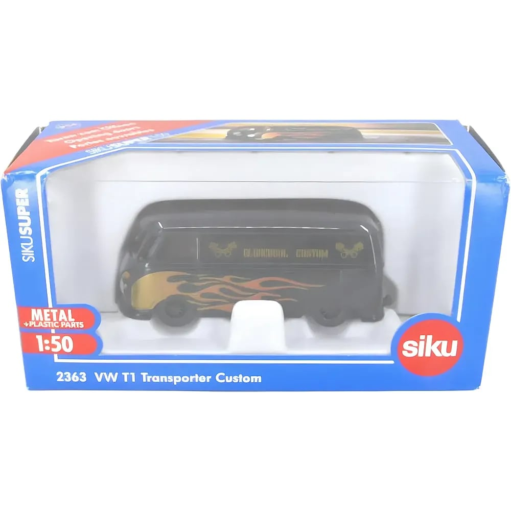 Siku VW T1 Transporter Custom dentro de una caja azul de juguete con llamas.