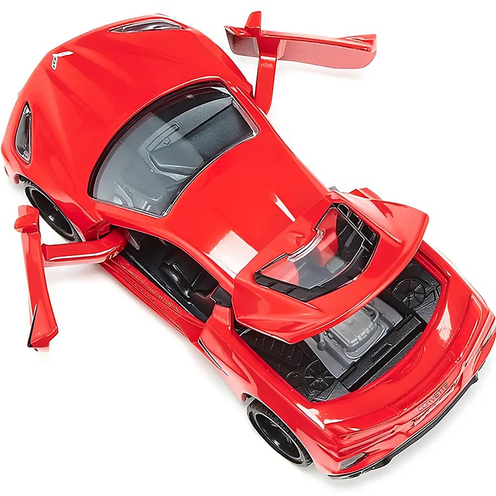 Ein rotes Modellauto von oben mit offenen Türen und Motorhaube auf weißem Grund.