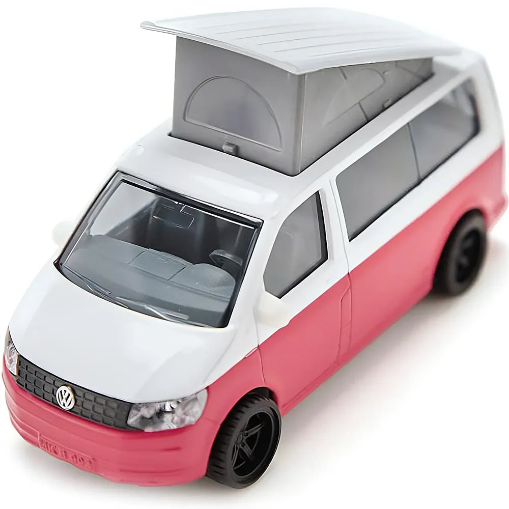 Ein Spielzeug-Wohnmobil mit rosa Unterteil, weißem Oberteil und einem angehobenen grauen Hubdach.