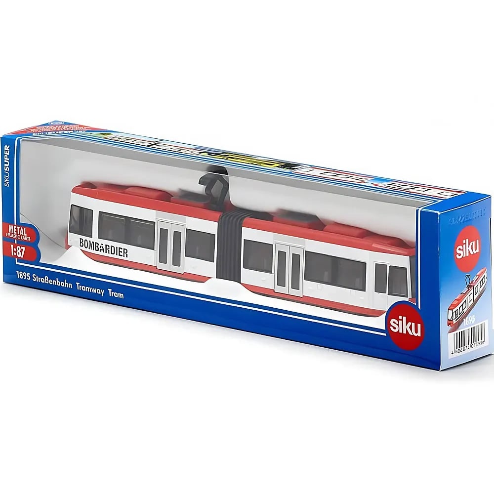 Eine Verpackung mit einem rotem und weißem Siku Bombardier Straßenbahn-Spielzeugmodell auf weißem Hintergrund.