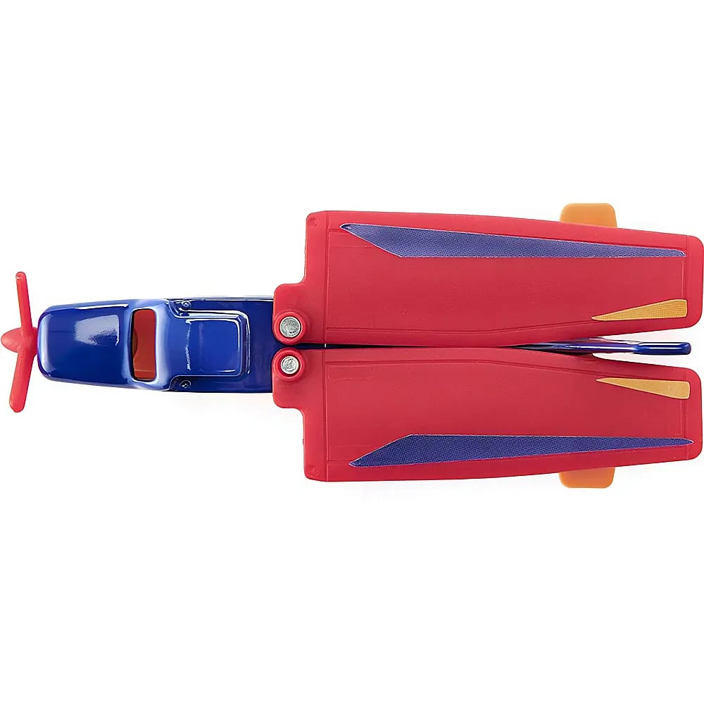 Spielzeugflugzeug in Blau und Rot mit zwei nach oben geklappten Flügeln und einem roten Propeller auf weißem Grund.