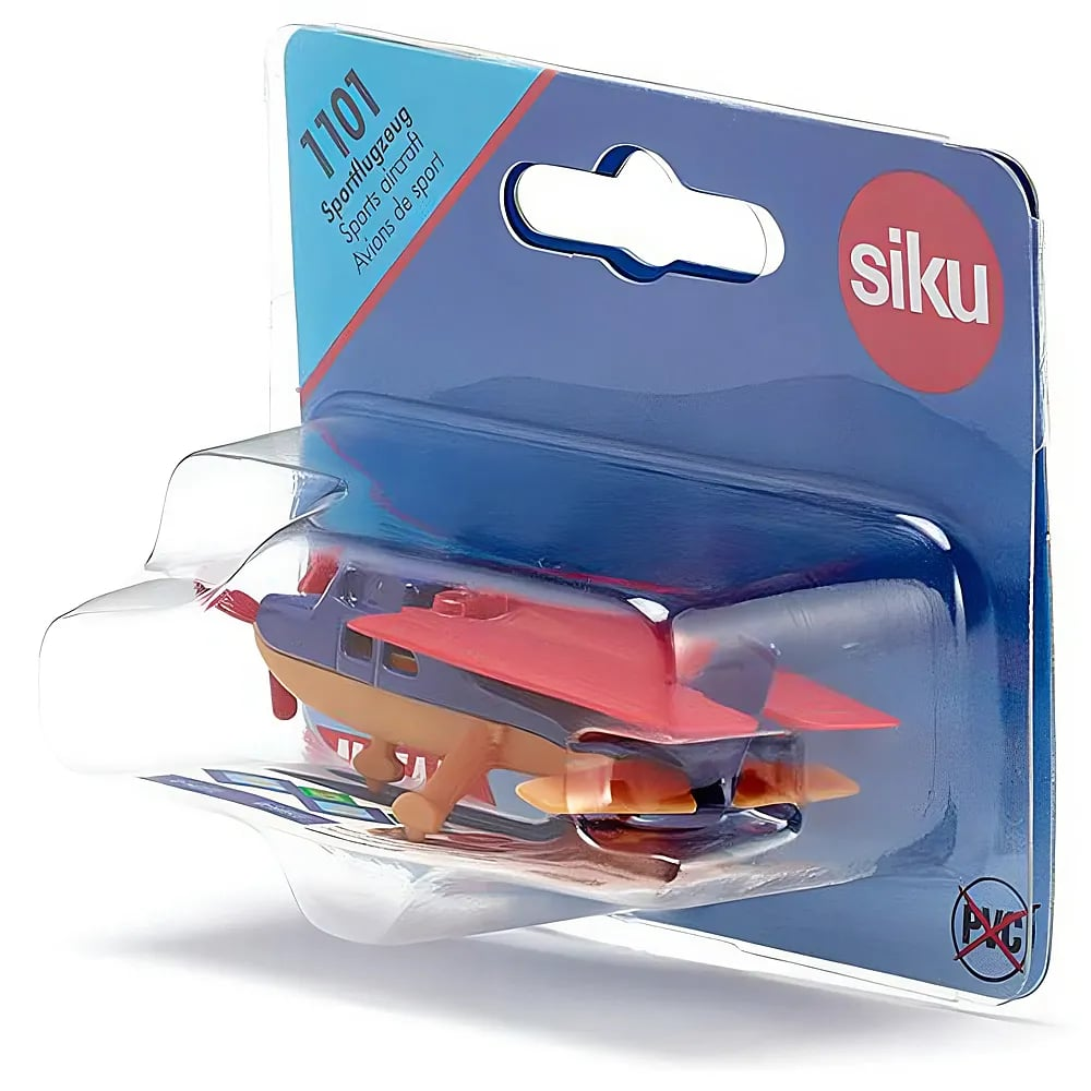 Ein Siku Spielzeugflugzeug in ungeöffneter blauer und roter Blisterverpackung.