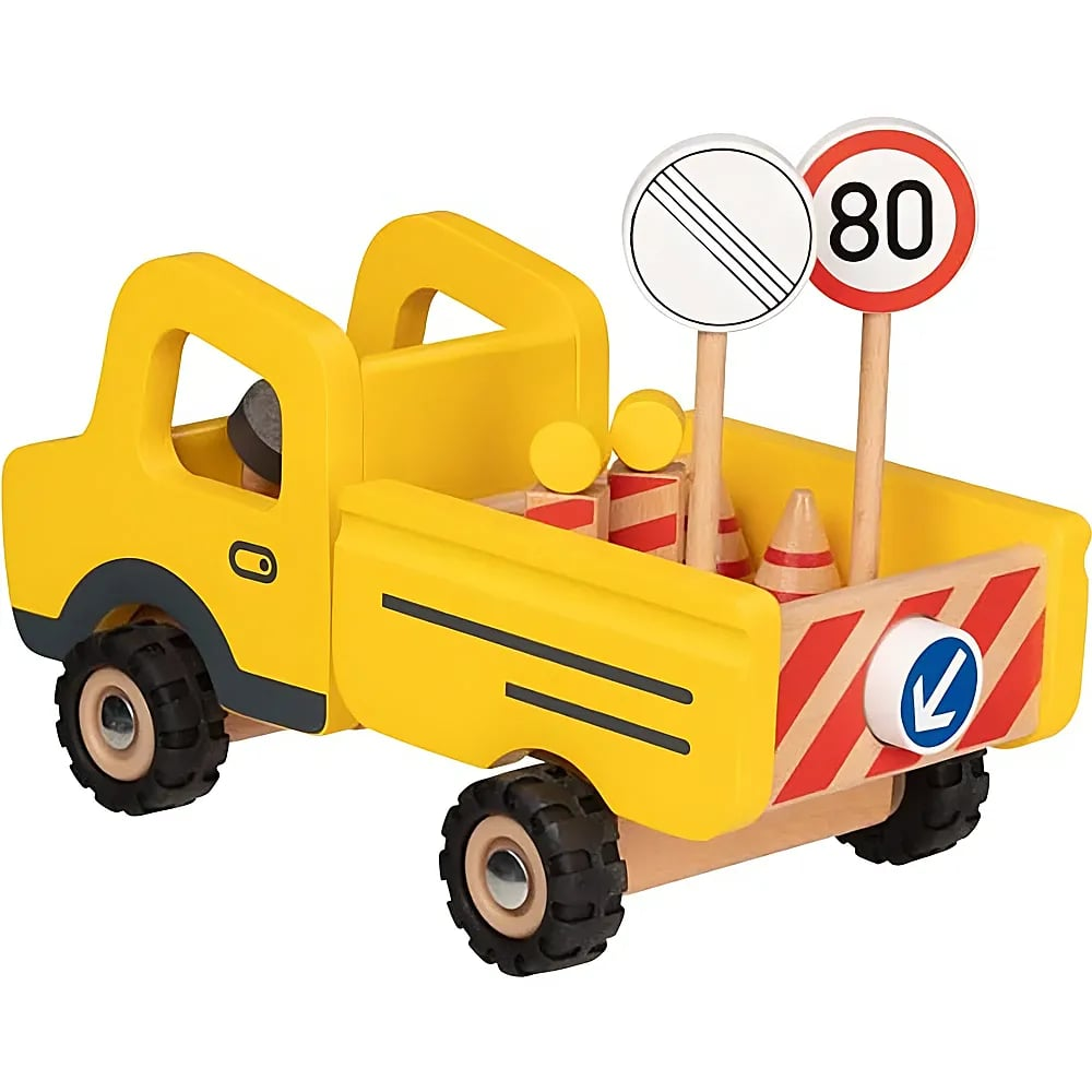 Camion giocattolo in legno giallo con segnali stradali e coni.