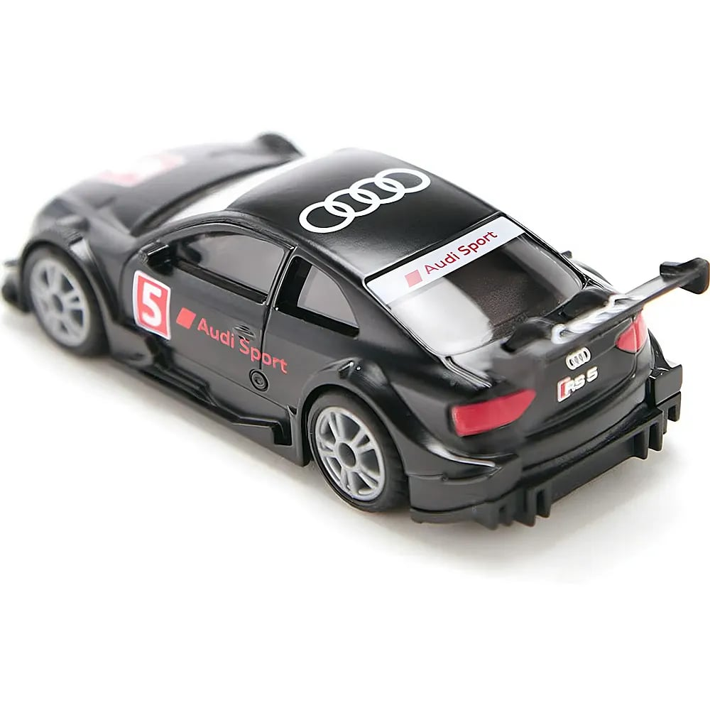 Ein schwarzes Audi RS 5 DTM Modellauto mit Audi Sport Logos und einer Startnummer 5 auf der Seite.
