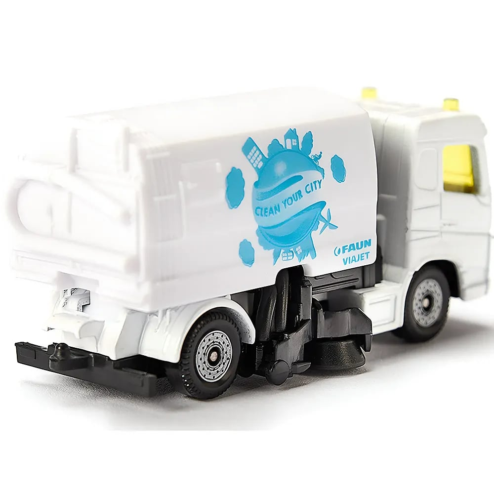 Ein weißes Modell einer Kehrmaschine mit blauer Aufschrift 'Clean Your City' auf weißem Hintergrund.