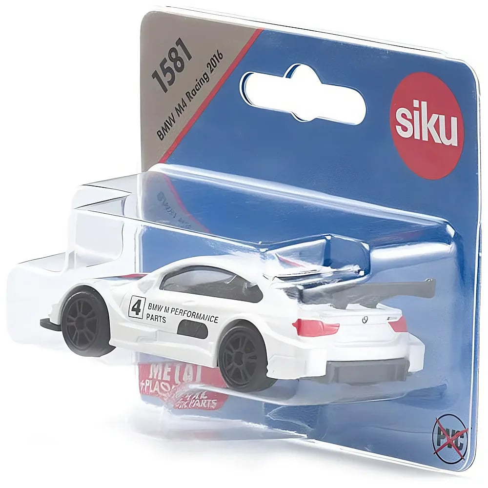 Ein weißes BMW M4 Racing Spielzeugauto in Originalverpackung von Siku mit blauer und grauer Aufmachung.