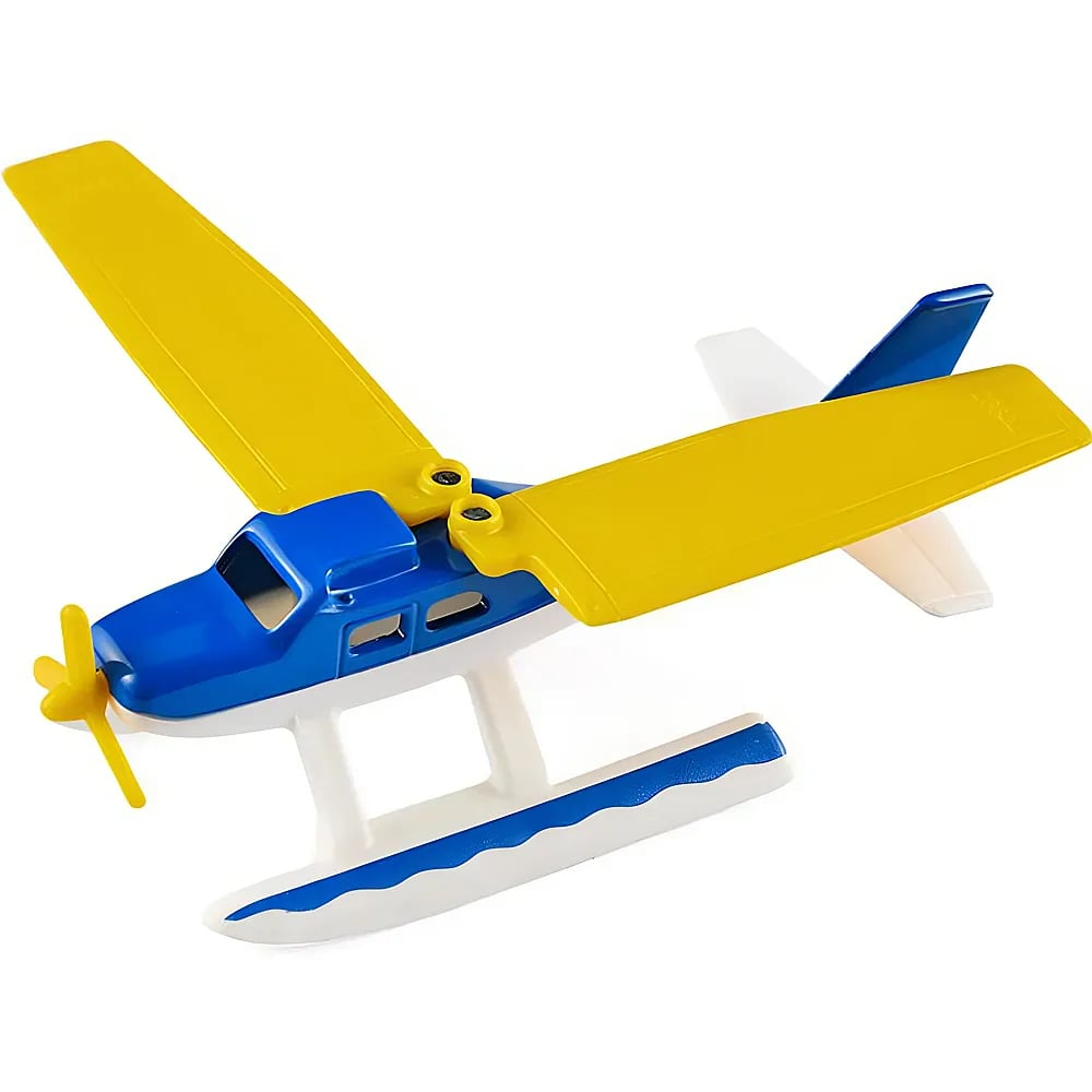 Ein Wasserflugzeug-Spielzeug mit blauem Rumpf, gelben Flügeln und Propeller, weißen Schwimmern, auf weißem Hintergrund.