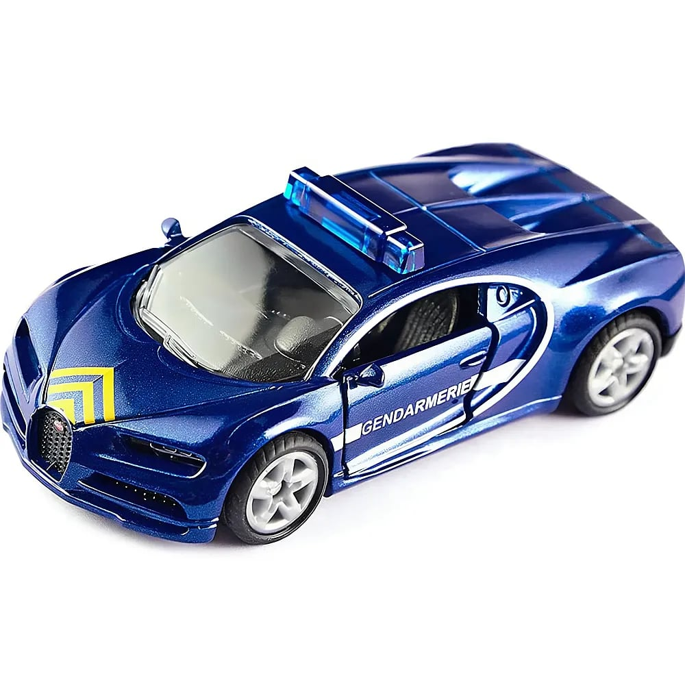Une voiture jouet de la gendarmerie française bleue sur fond blanc.
