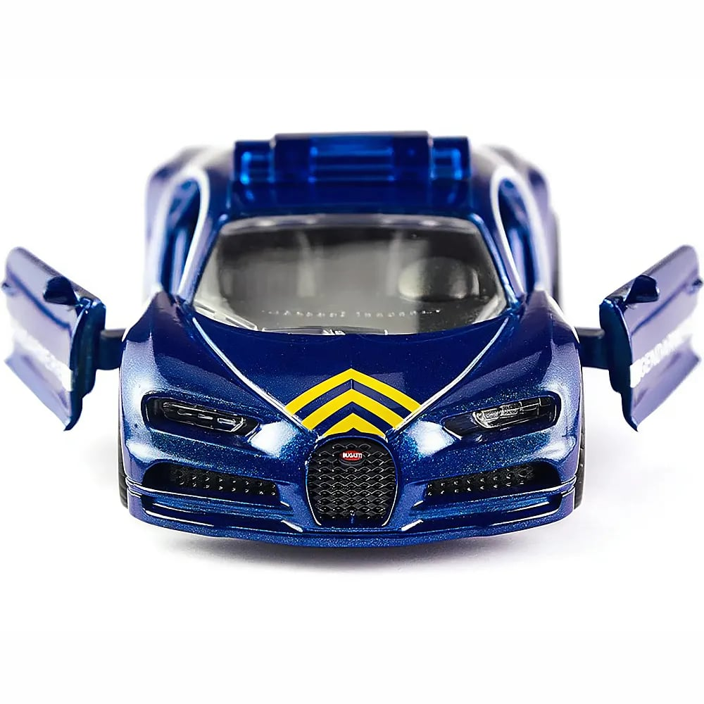 Une voiture Bugatti jouet bleue avec portes ouvertes, vue de face sur fond blanc.