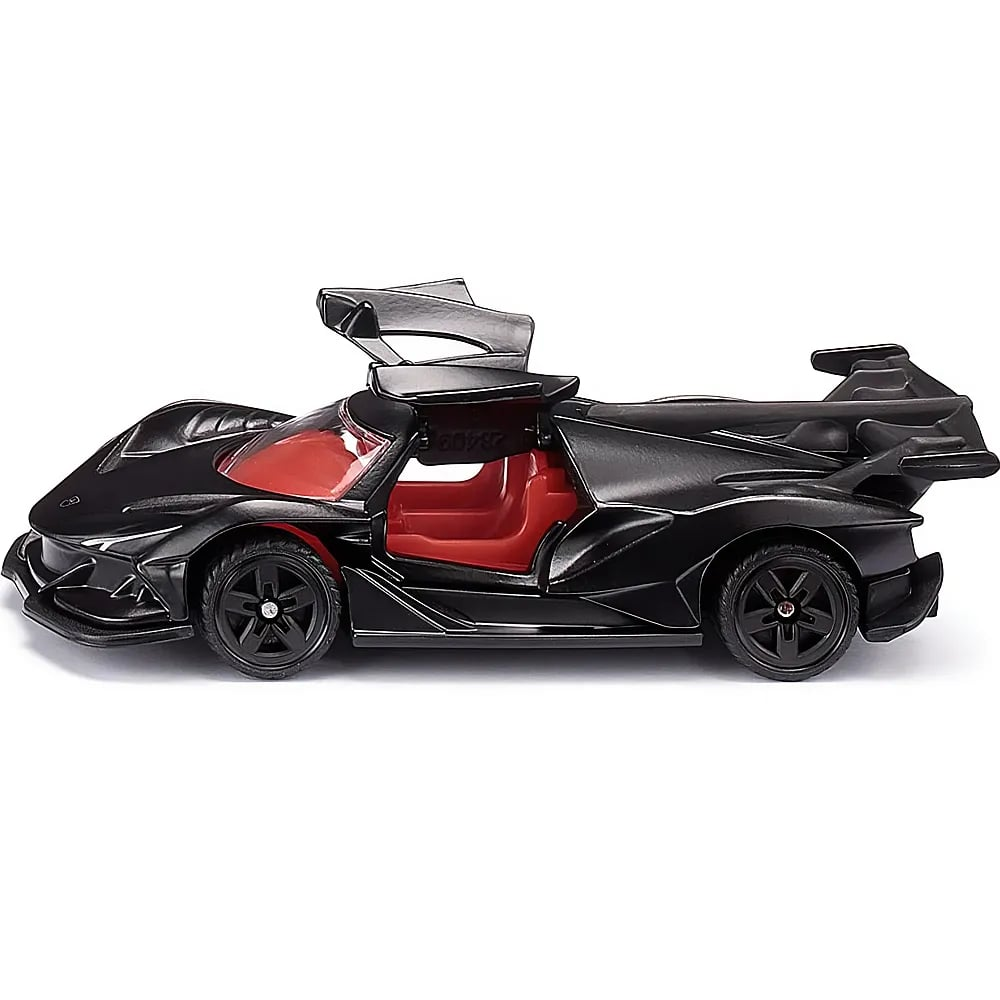 Une voiture jouet noire avec des sièges rouges et des portes papillon ouvertes sur fond blanc.