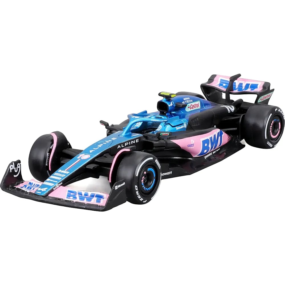 Ein blau-rosafarbenes Alpine Formel-1-Spielzeugauto vor weißem Hintergrund.