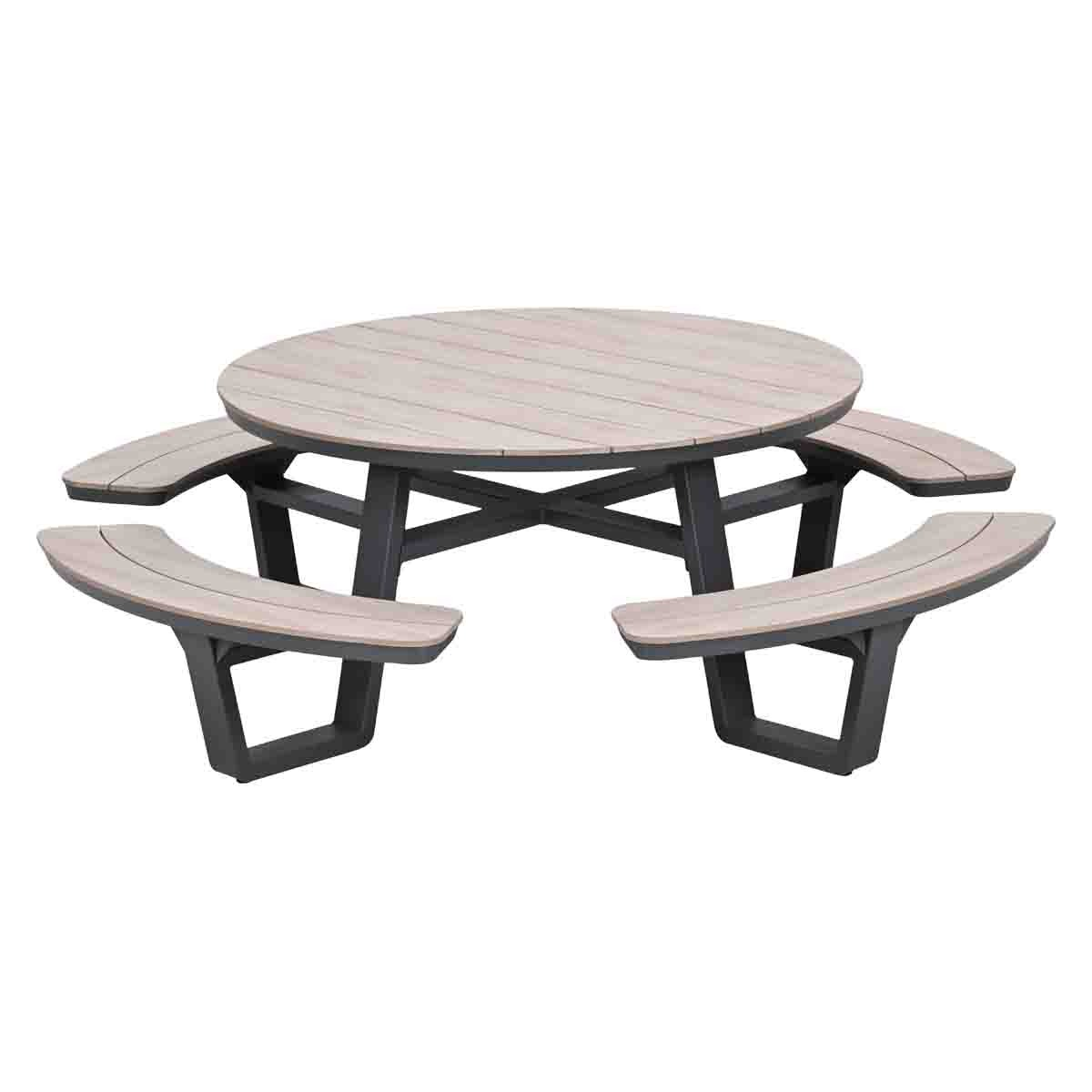 Round wooden picnic table with attached curved benches and a black metal frame on a white background.