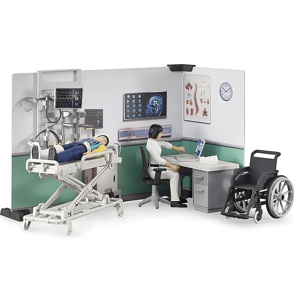 Ein Spielzeug-Krankenzimmer mit Arzt, Patient auf einer Liege, medizinischen Geräten und einem Rollstuhl.