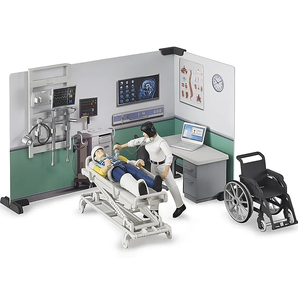 Eine Ärztin untersucht einen Patienten auf einer Krankenhausliege in einem Zimmer mit medizinischen Geräten.