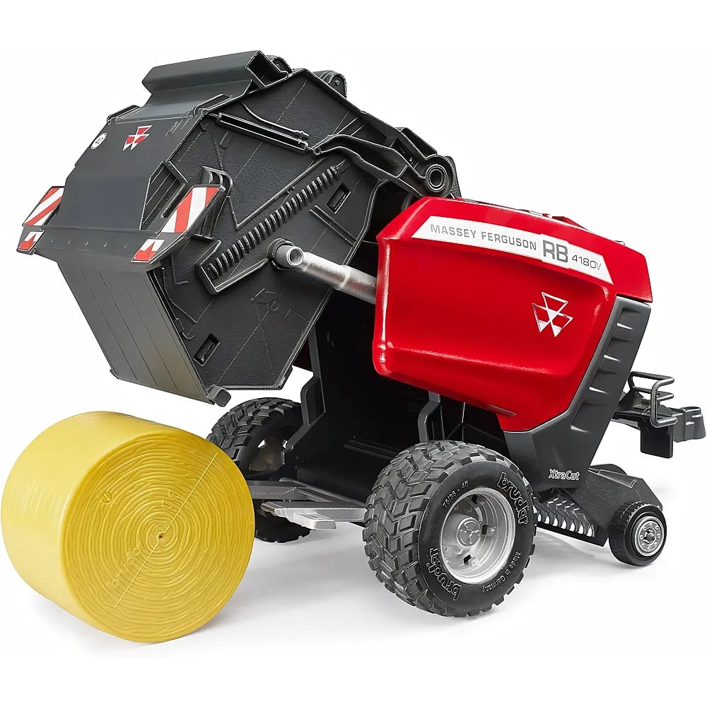 Spielzeug-Rundballenpresse von Massey Ferguson in Rot und Schwarz mit einem gelben Strohballen.