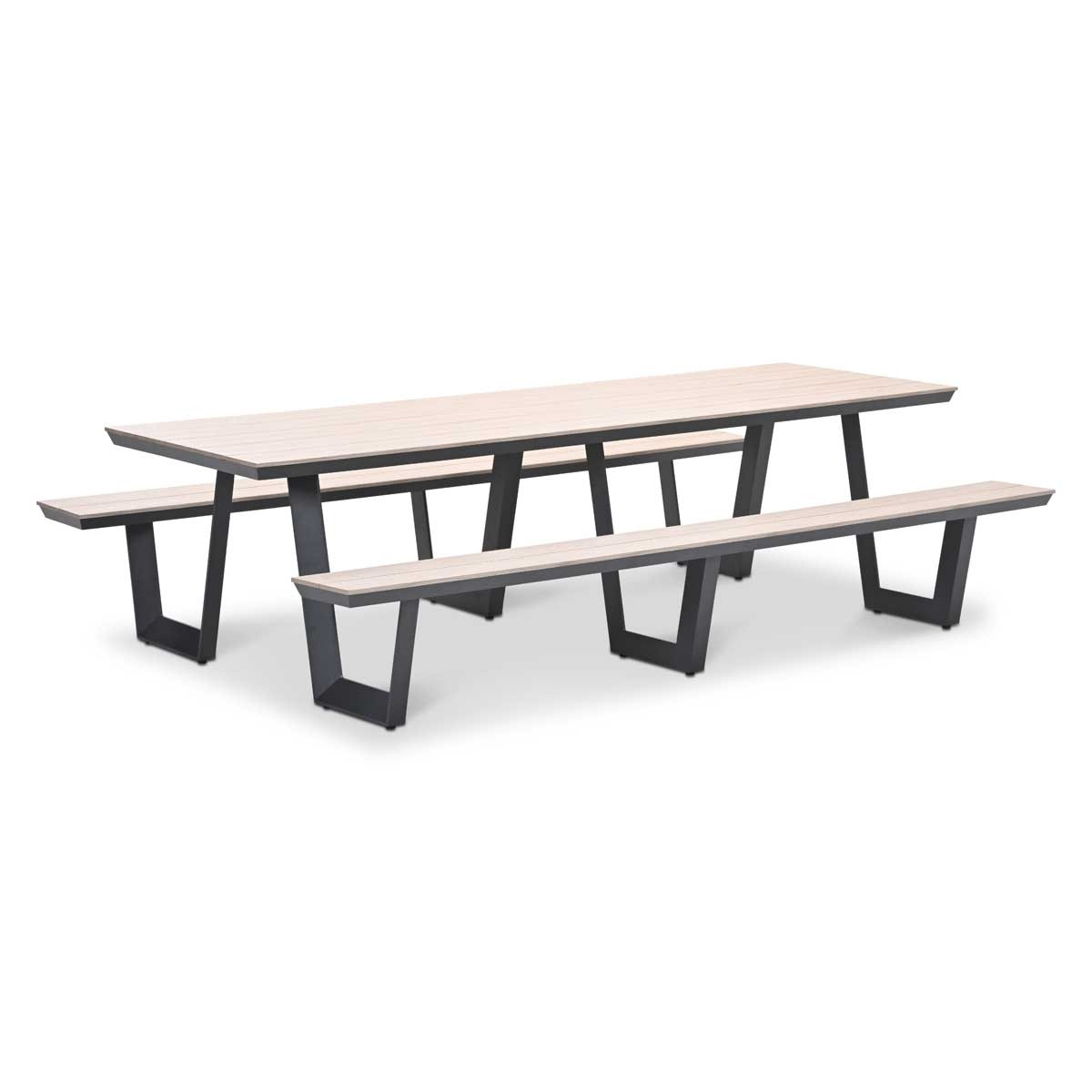 Modern large wooden table with black metal legs and two attached benches on a white background.