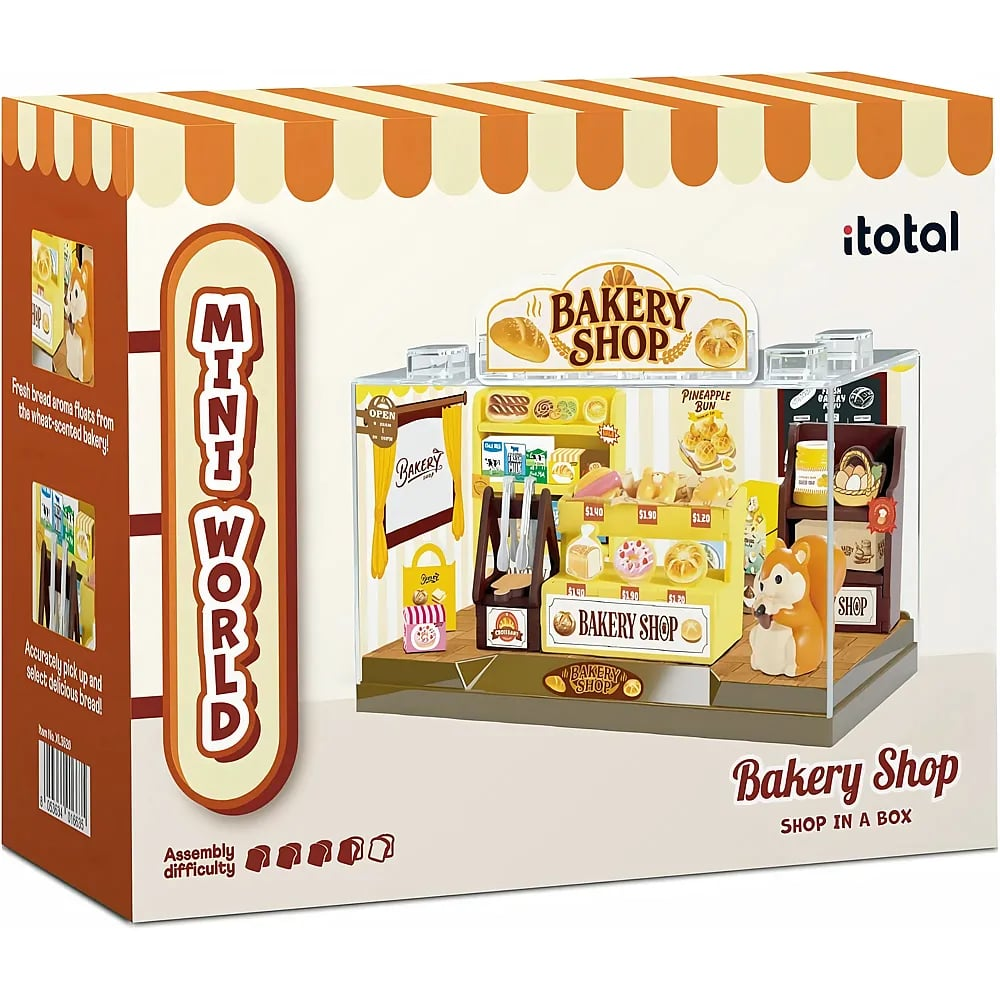Ein Bäckerei-Spielset in einer klaren Box mit Mini-Gebäck, Regalen und einer Eichhörnchenfigur.