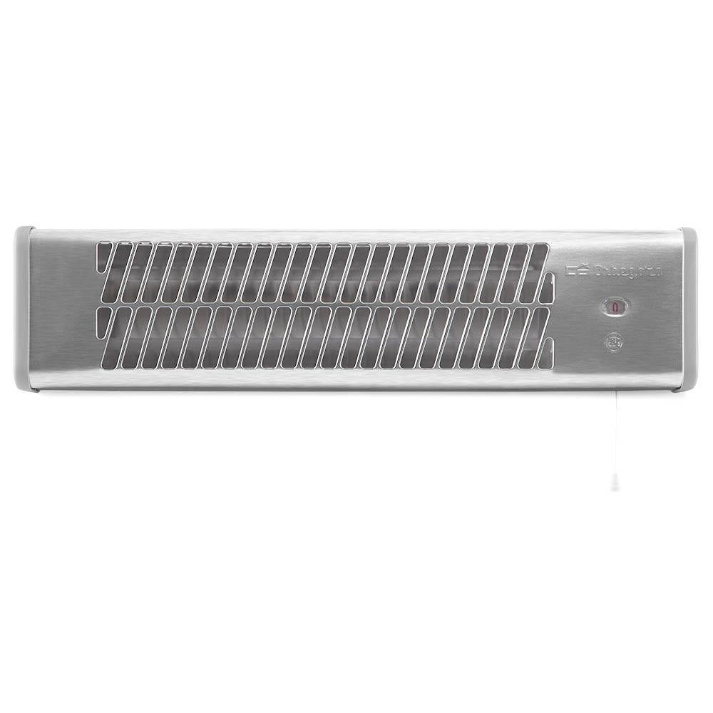 Un calefactor de pared plateado con ranuras de ventilación horizontales y controles a la derecha.