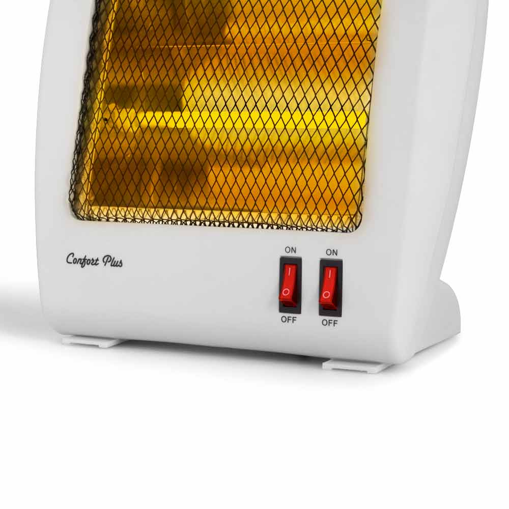 Un calefactor eléctrico blanco con malla protectora y dos interruptores rojos.