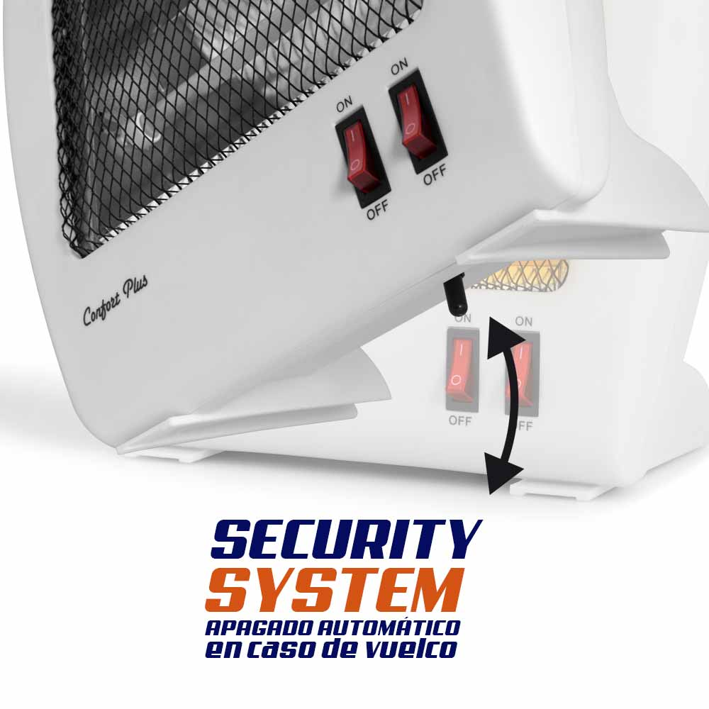 Un calefactor eléctrico blanco con sistema de seguridad que se apaga automáticamente si se vuelca, con interruptores rojos.
