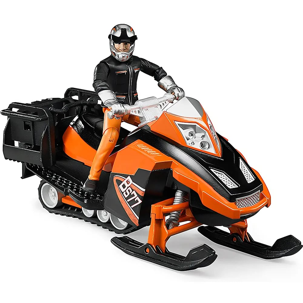 Una motoslitta giocattolo nera e arancione con un pilota action figure che indossa attrezzatura protettiva.