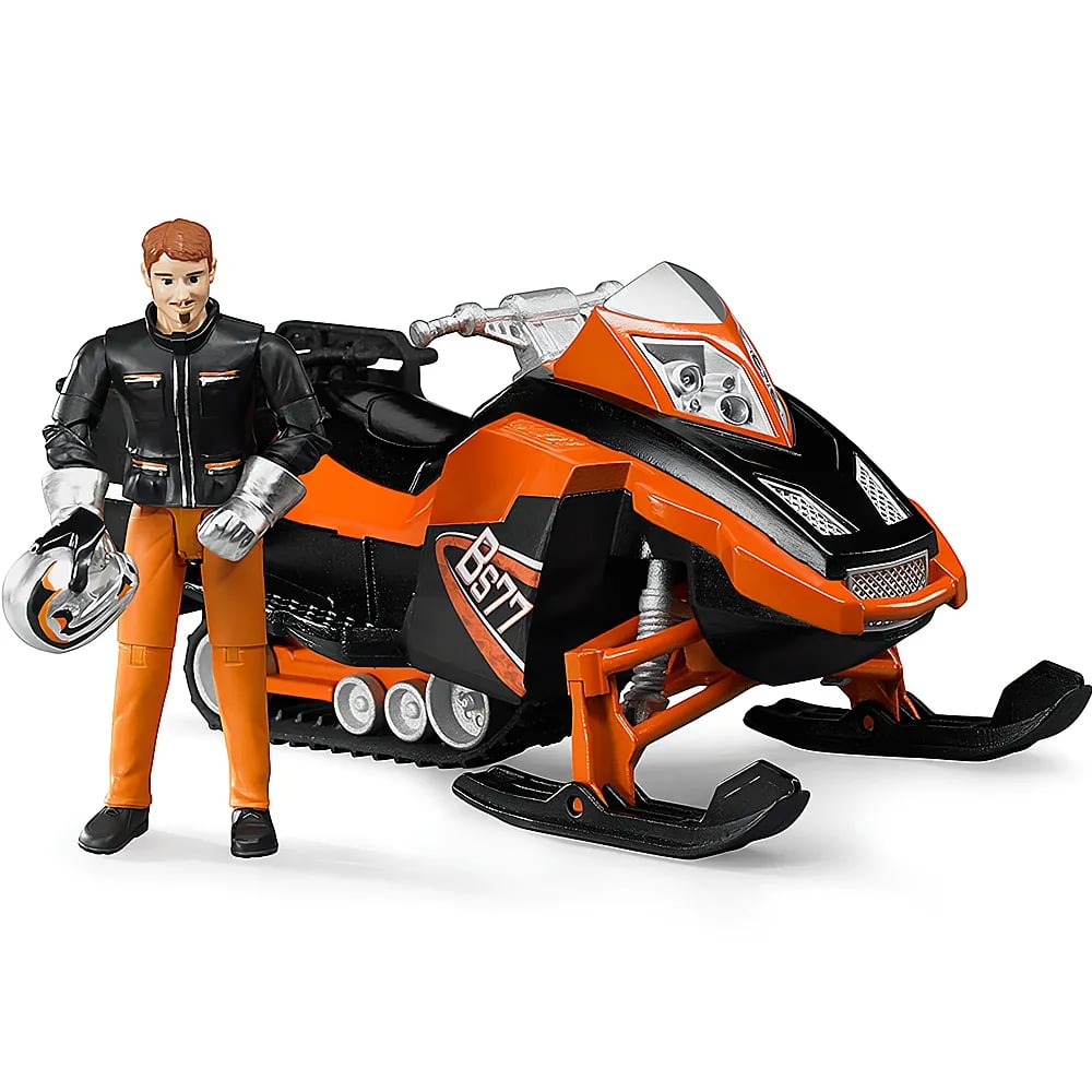 Un action figure si trova accanto a una motoslitta arancione e nera.