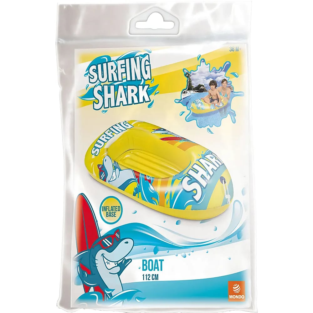 Verpacktes gelbes Schlauchboot mit Haifisch-Motiven für Kinder, 112 cm.