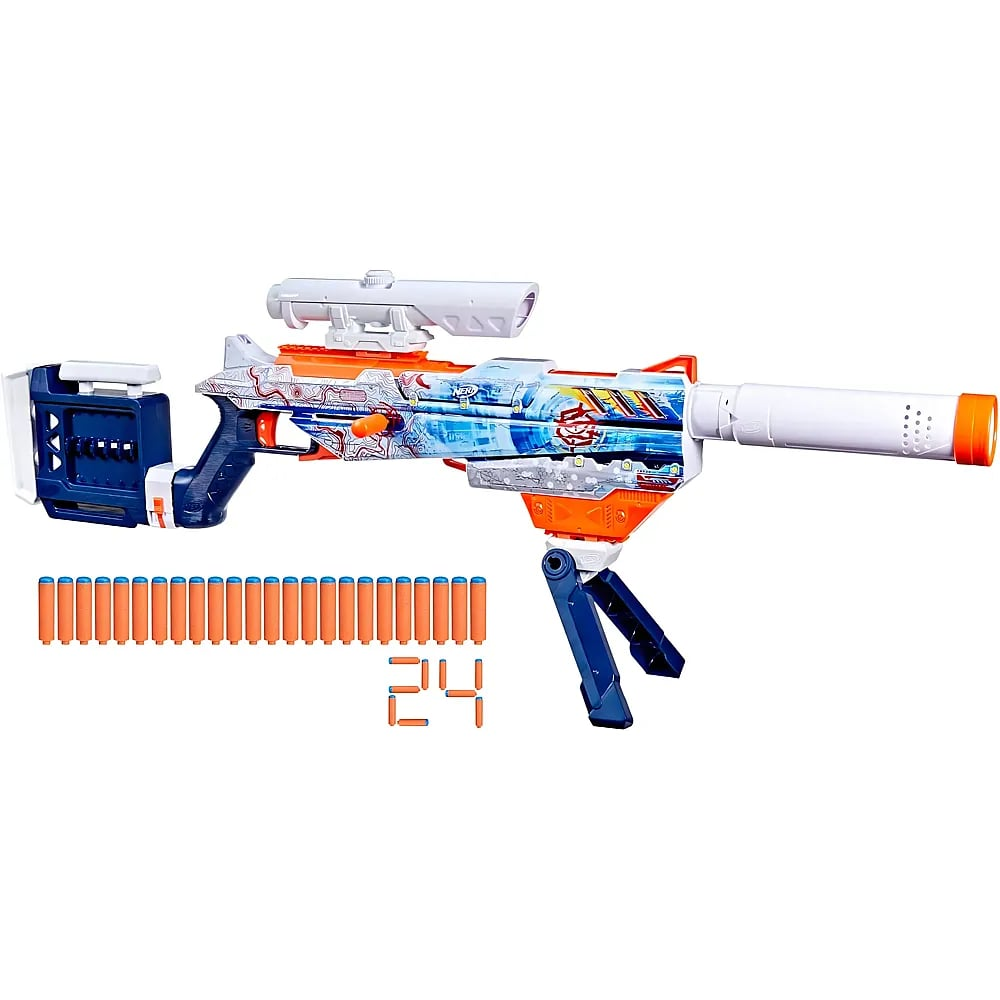 Ein Spielzeug-Scharfschützengewehr mit Zielfernrohr und Zweibein, neben 24 orangefarbenen Schaumstoffpfeilen.