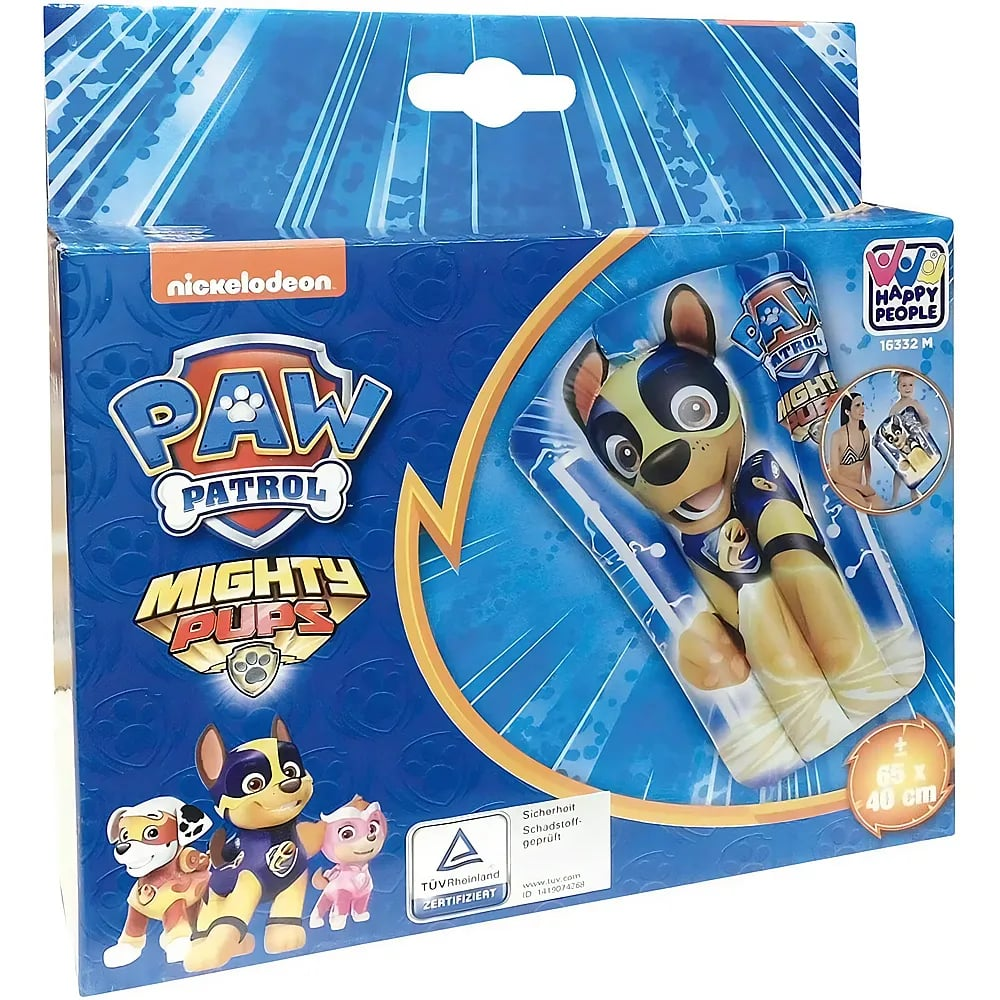 Confezione blu di Paw Patrol Mighty Pups con sedile gonfiabile e personaggi.