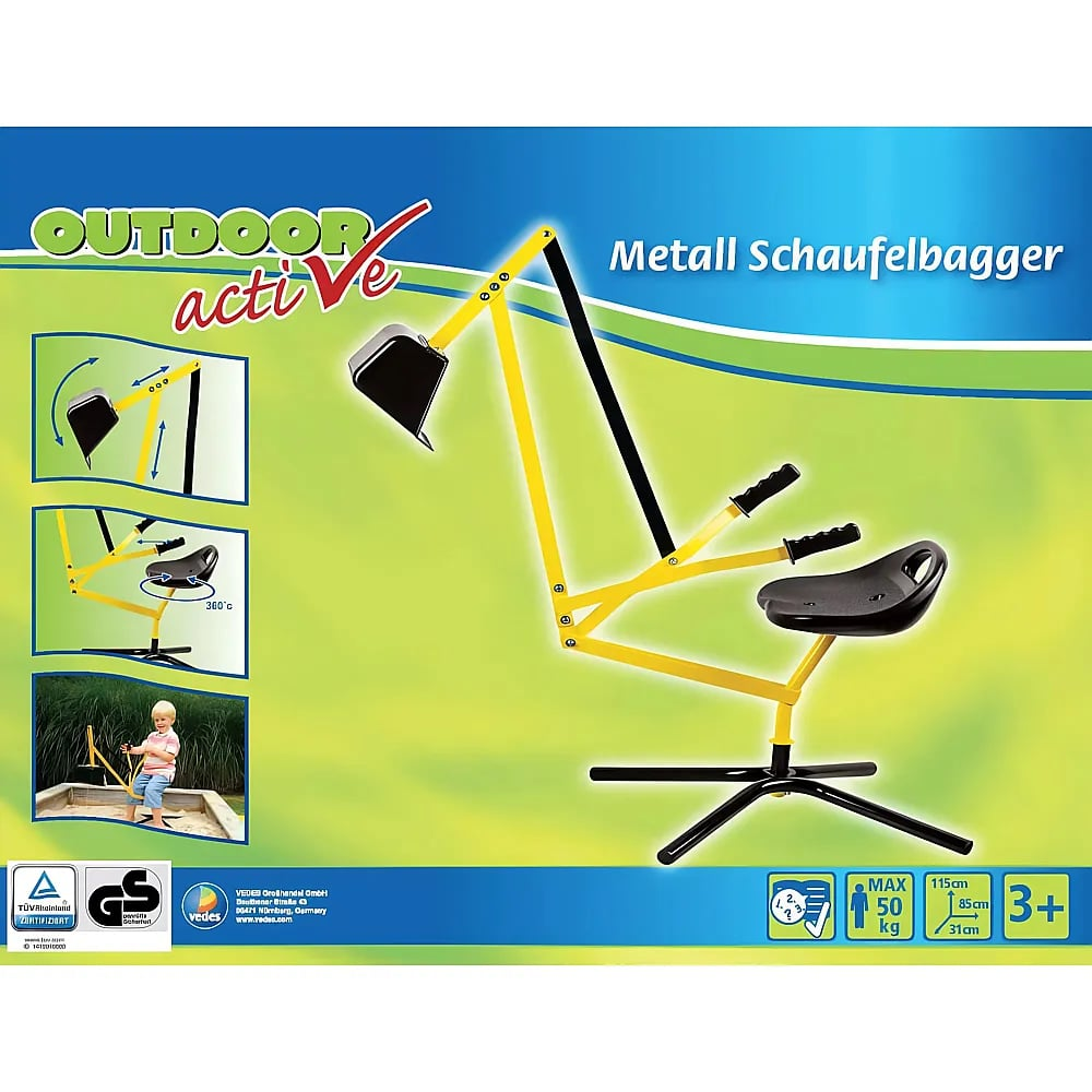 Ein gelb-schwarzer Metallexkavator als Spielzeug mit Sitz und Hebeln auf einer Verpackung vor grünem Hintergrund.