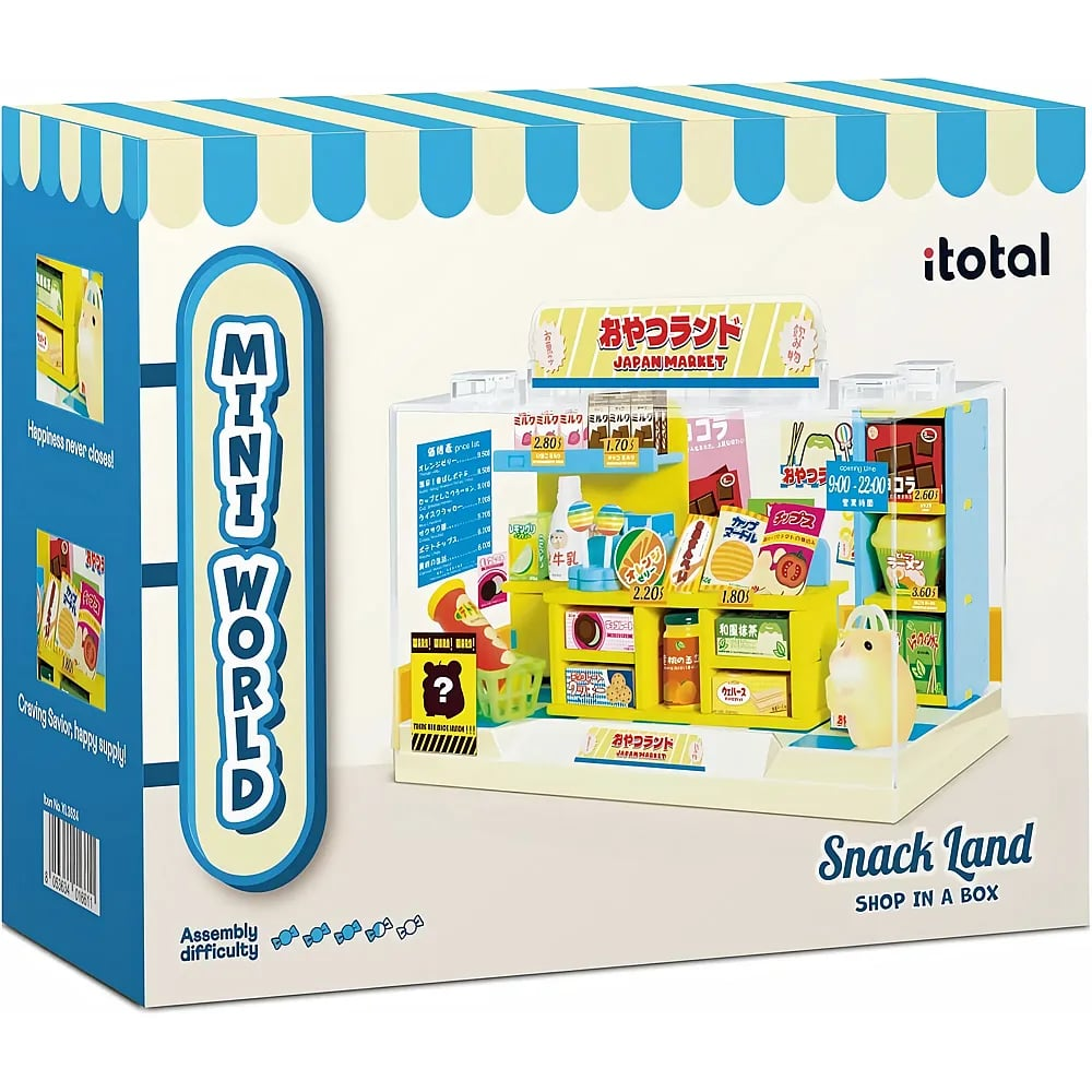 Eine Spielzeugverpackung mit dem Titel Snack Land zeigt einen Mini-Japan-Markt-Laden mit Regalen, Produkten und einer Theke.