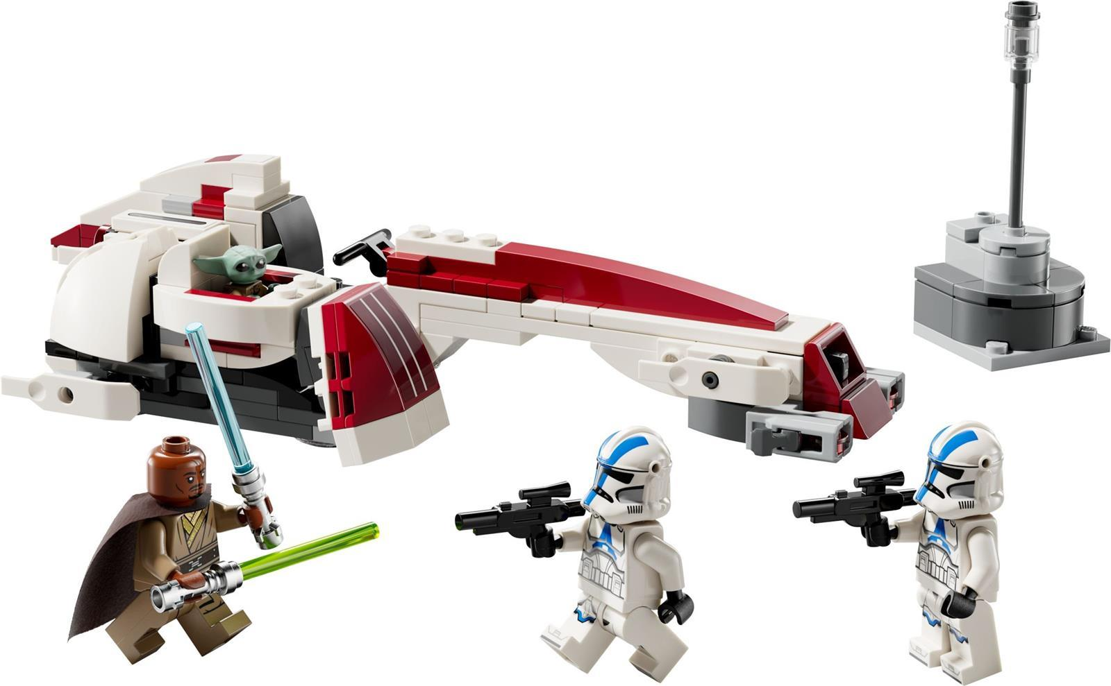 Lego Star Wars Set mit rotem Speeder, Yoda, Mace Windu und zwei Klonkriegern.