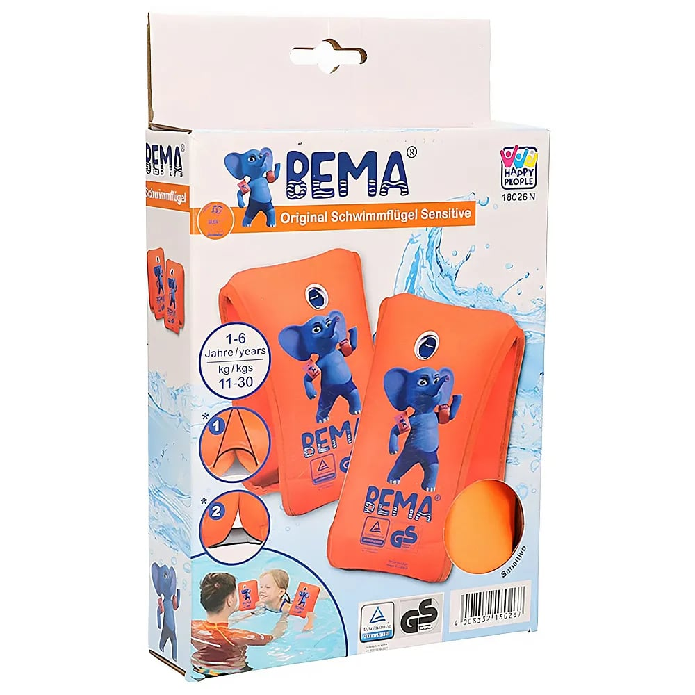 Confezione di Bema Original Schwimmflügel Sensitive, arancione con elefante blu.