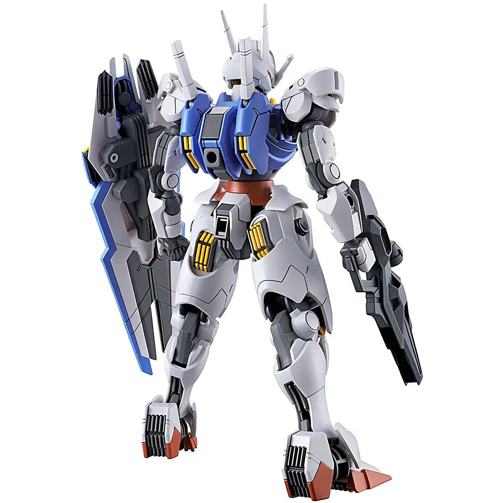 Rückansicht einer weißen Gundam-Roboterfigur mit blauem Rucksack, großem Schild und Waffe.