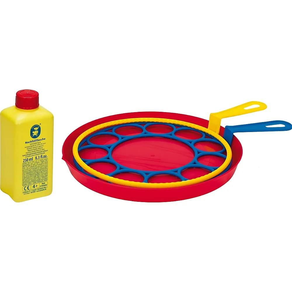 Set de pompas de jabón con bandeja roja, anillo amarillo y azul con asas y botella de repuesto amarilla sobre fondo blanco.