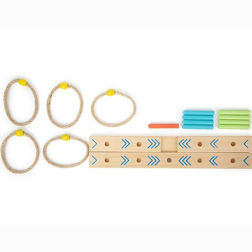 Componentes del juego de lanzamiento de anillos de madera que incluyen anillos de cuerda, estacas y tableros base.