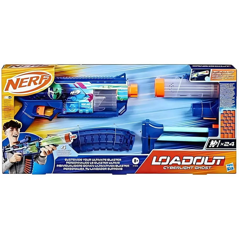 Blaster de juguete Nerf Cyberlight Ghost Loadout en un empaque colorido con accesorios y un jugador joven.