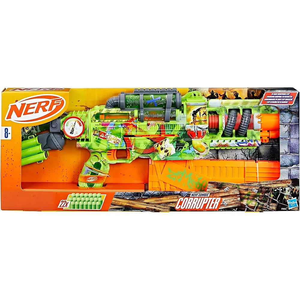 Blaster de juguete Nerf Zombie Strike Corrupter en caja con diseño verde, detalles de grafiti y dardos incluidos.