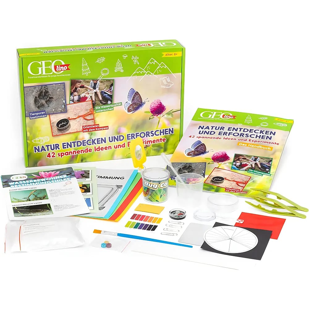 Kit d'expériences de découverte de la nature avec boîte, manuel, loupe, pipette et cartes diverses.