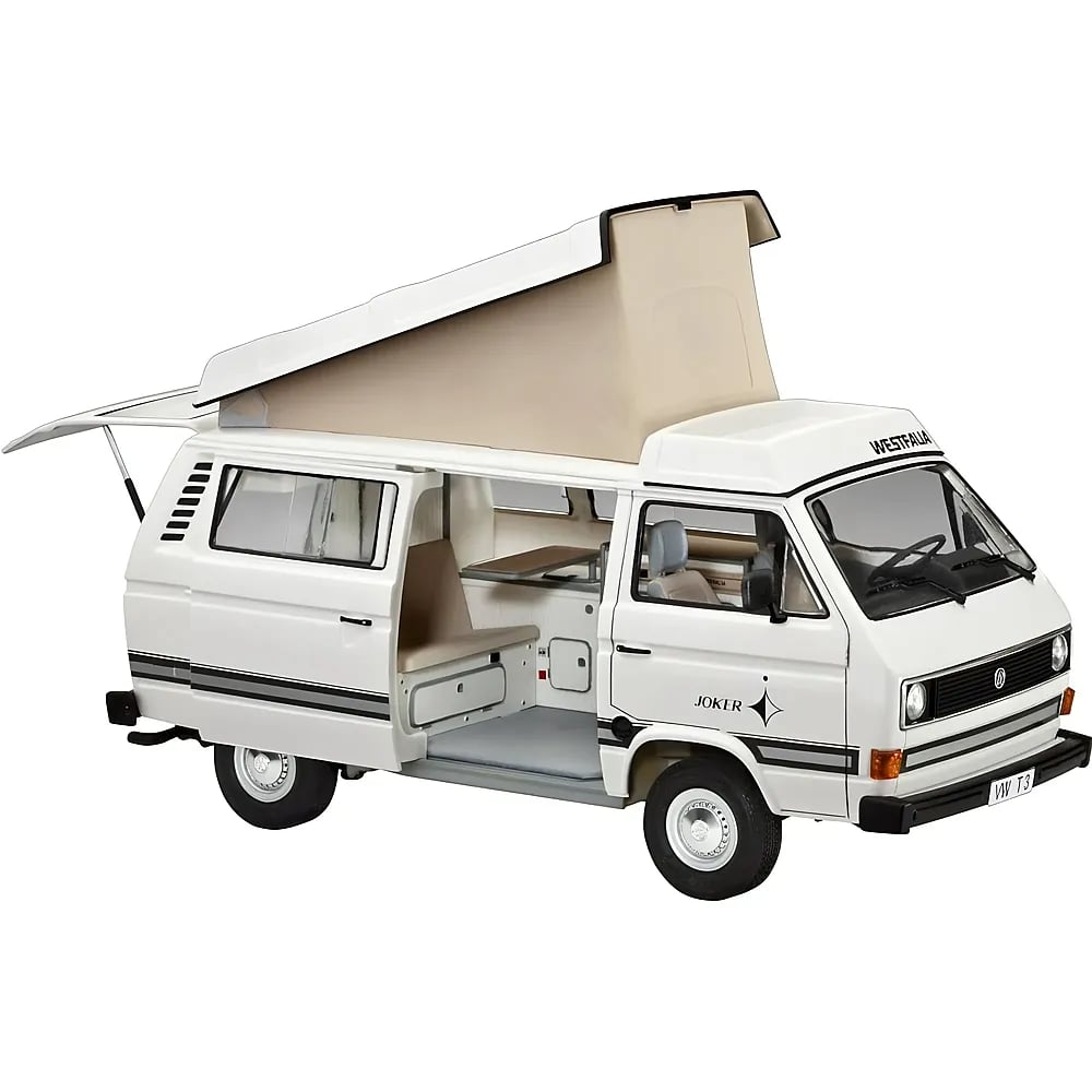 Ein weißer VW T3 Westfalia Campingbus mit Hubdach und offener Schiebetür vor weißem Hintergrund.