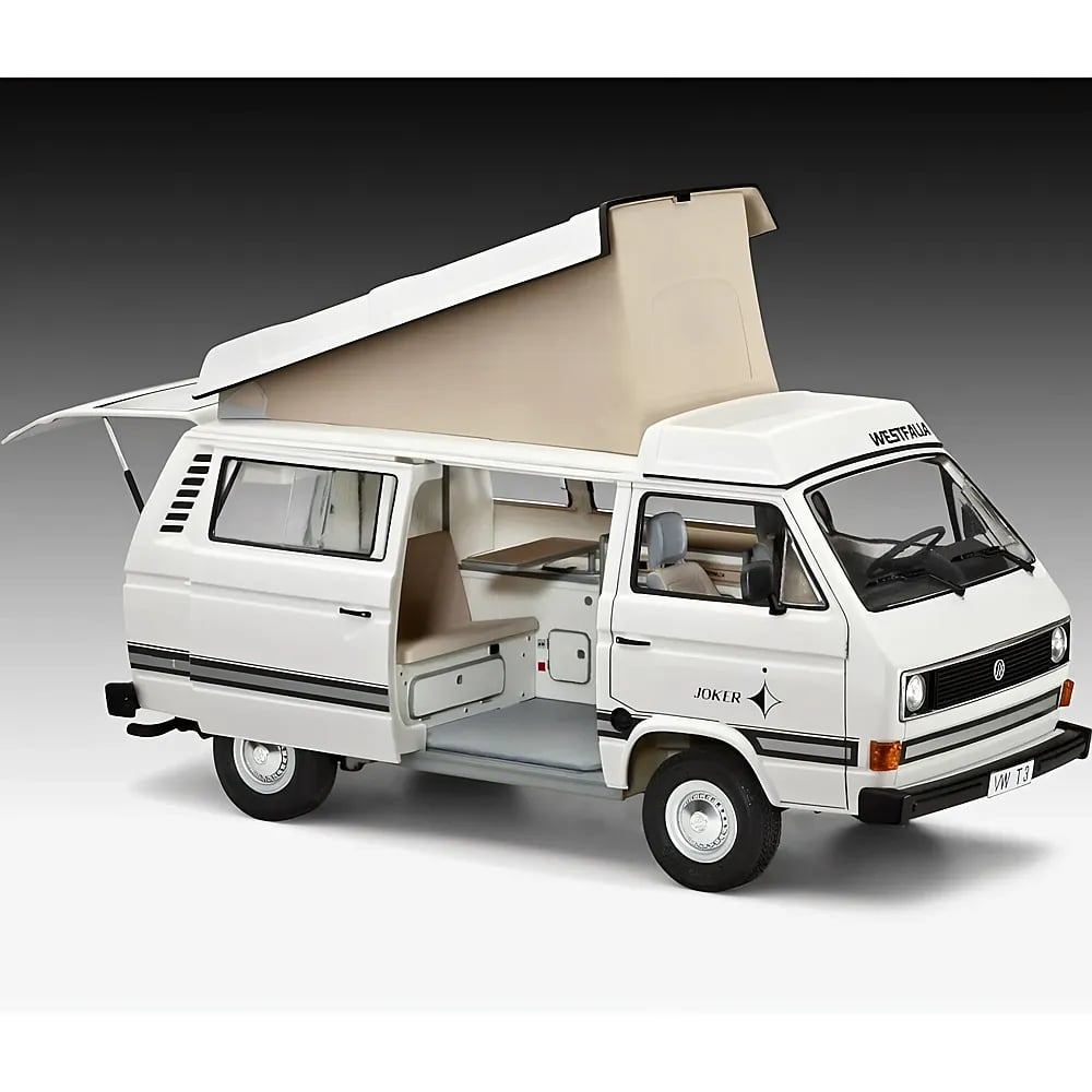 Weisser VW T3 Westfalia Wohnmobil-Modellwagen mit ausgefahrenem Hubdach und offener Schiebetuer gegen grauen Hintergrund.