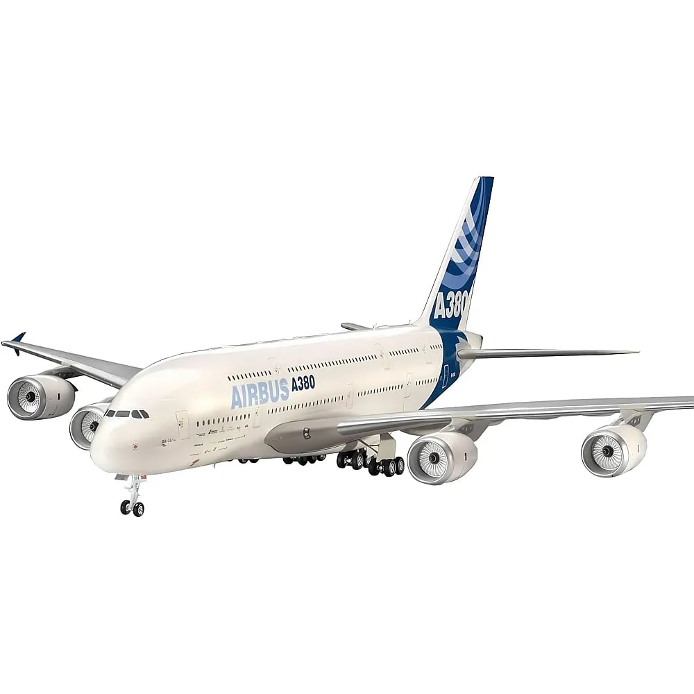 Un aereo passeggeri Airbus A380 bianco con accenti blu sulla coda su sfondo chiaro.