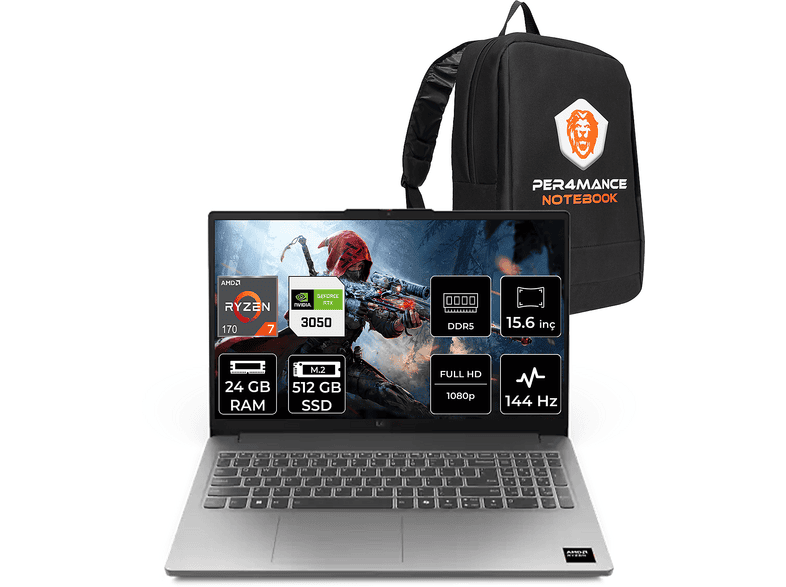 LENOVO LOQ RTX3050 6GB 65W FHD 83S000D9TRP314 AMD Ryzen 7 170 24 GB RAM 512 GB SSD 15,6 inç FreeDOS Laptop+Çanta Gri