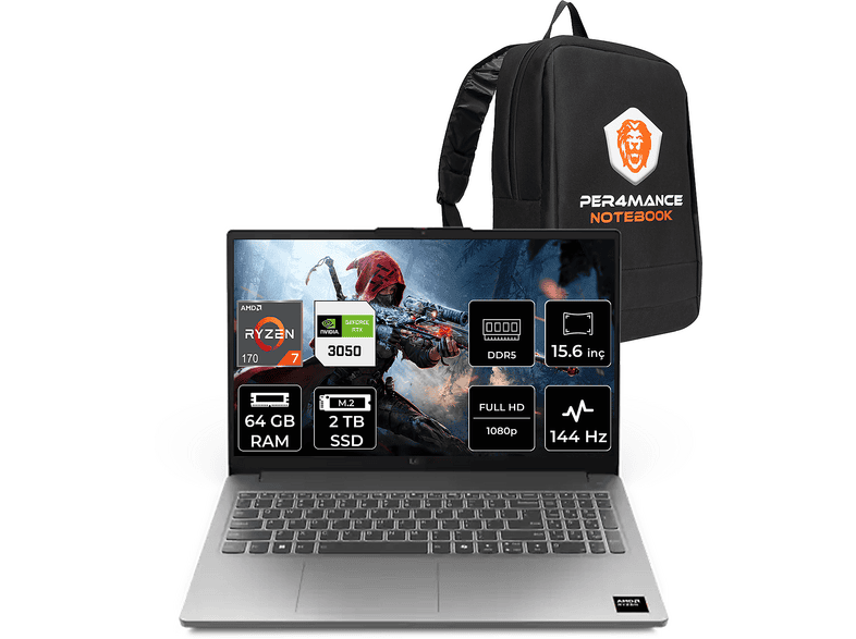 LENOVO LOQ RTX3050 6GB 65W FHD 83S000D9TRP340 AMD Ryzen 7 170 64 GB RAM 2 TB SSD 15,6 inç FreeDOS Laptop+Çanta Gri