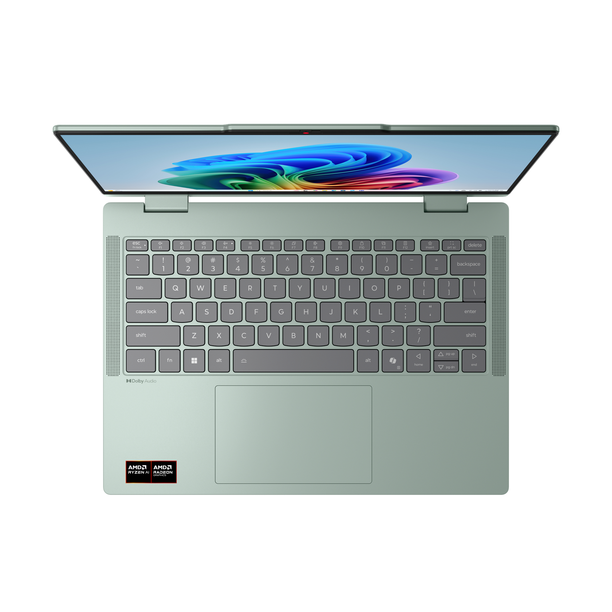 Ein offener, hellgrüner Laptop von oben mit einer Tastatur und einem abstrakten Bildschirmhintergrund.